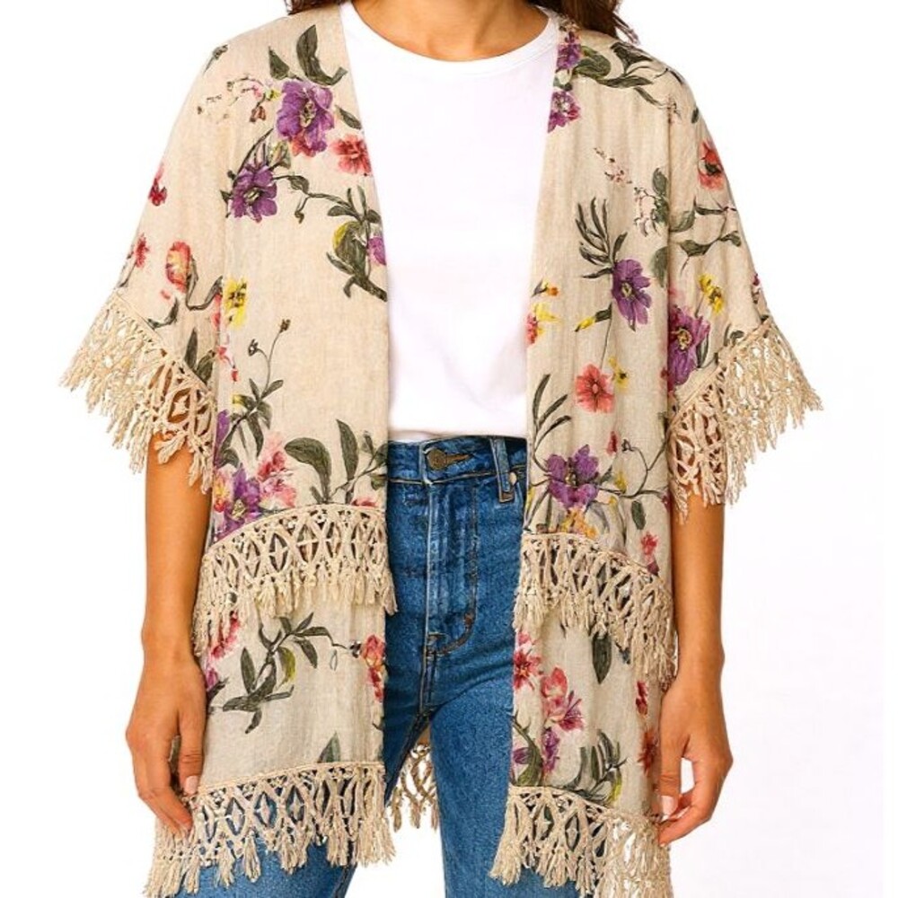 Valentina Naldi Floral Linen Short Sleeve Cardigan Kimono OS Bohemian Italy